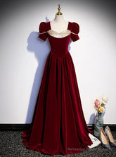 Burgundy Velvet Sequins Square Short Sleeve Prom Dress